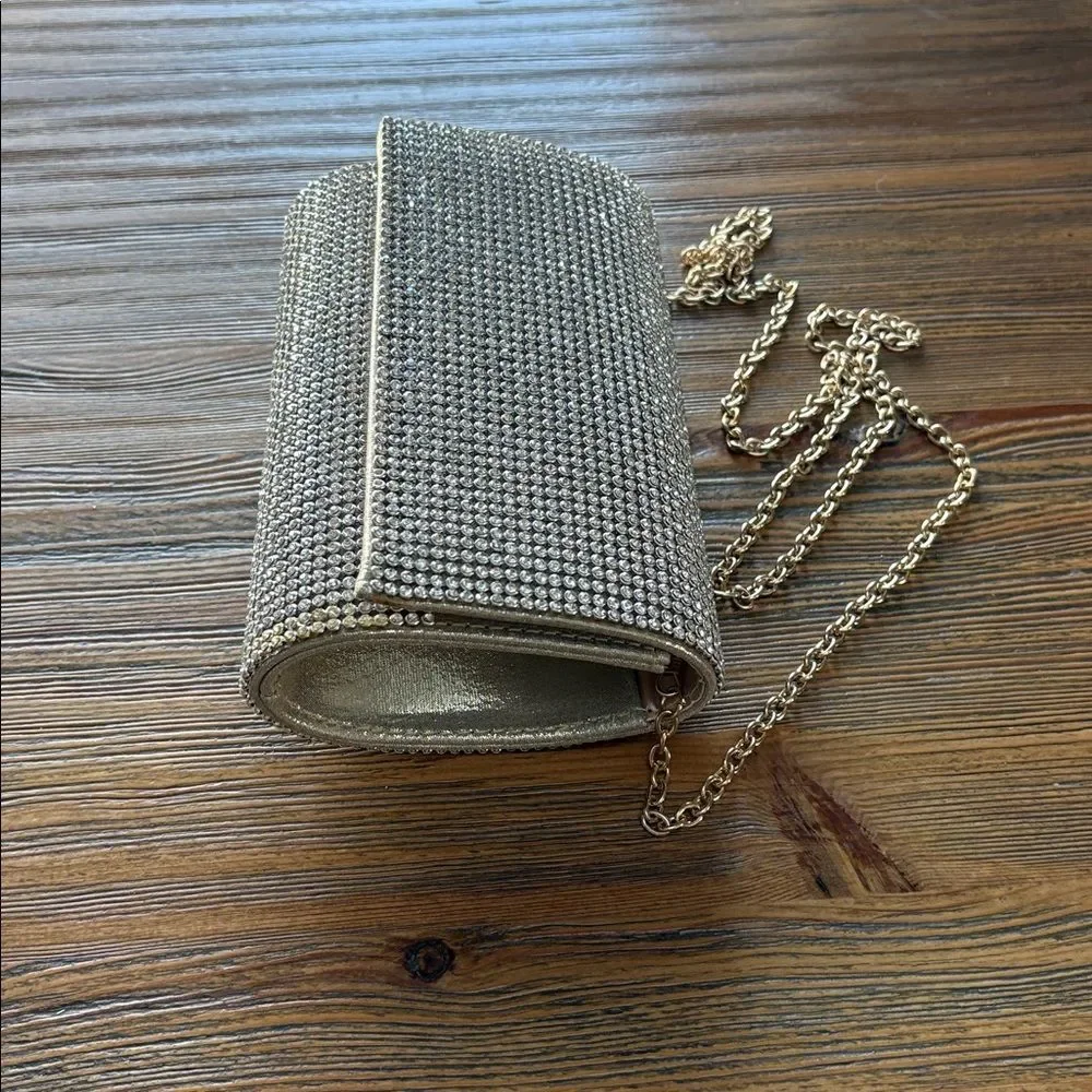 Sparkling Rhinestone Gold Clutch With Gold Chain - Picture 10 of 10